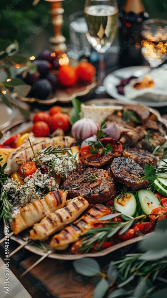 A vibrant spread of grilled meats, fresh vegetables, and fruits, ideal for a festive gathering or outdoor celebration. A vibrant spread of grilled meats, fresh vegetables, and fruits, ideal for a festive gathering or outdoor celebration.