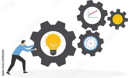 Character is pushing a big gear. Search for a solution to the problem. Symbol of opportunity, improvement, motivation, challenge. Effort and time to make money, success long term investment.

