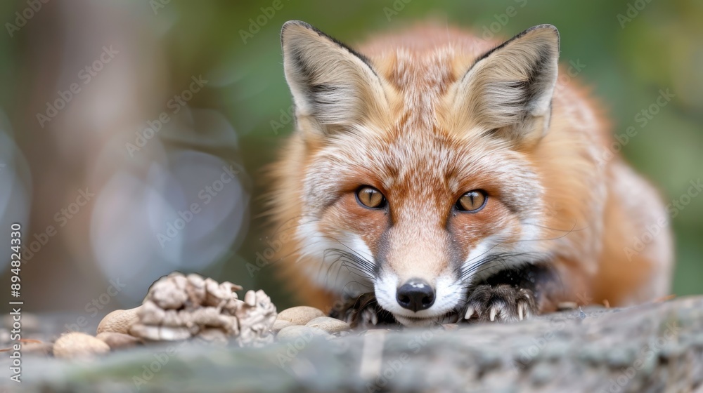 A fox, partially obscured by rocks and greenery, peers through the foliage with curiosity. The image depicts the wild and mysterious nature of forest life. A fox, partially obscured by rocks and greenery, peers through the foliage with curiosity. The image depicts the wild and mysterious nature of forest life.