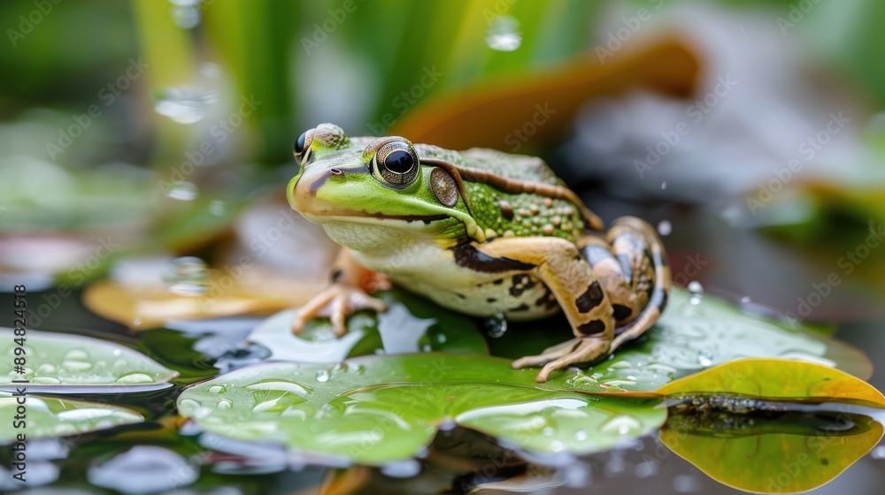 A vibrant green frog sits contentedly on a lily pad in a serene pond, surrounded by nature's beauty, with raindrops gently falling onto the water's surface. A vibrant green frog sits contentedly on a lily pad in a serene pond, surrounded by nature's beauty, with raindrops gently falling onto the water's surface.