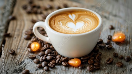 Heart-shaped latte in white cup with coffee beans on distressed wooden background.