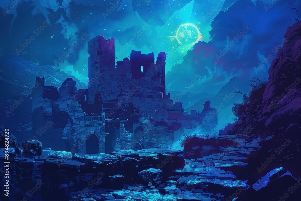 Ancient ruins of a forgotten civilization bathed in the glow of a mysterious moon. Ancient ruins of a forgotten civilization bathed in the glow of a mysterious moon.