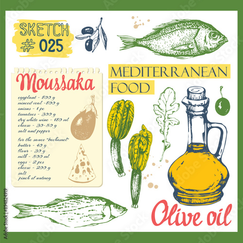 Food sketchbook with Mediterranean traditional products and recipes. Food in the sketch style. Vector illustration of ethnic cooking: vegetables and cheese.