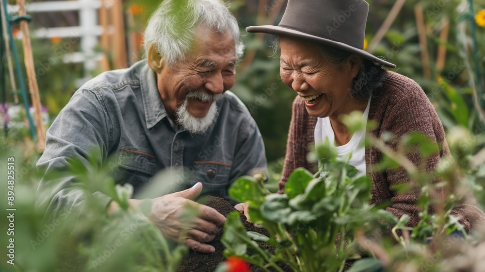 Happy Elderly Couple Enjoying Gardening in Blooming Garden