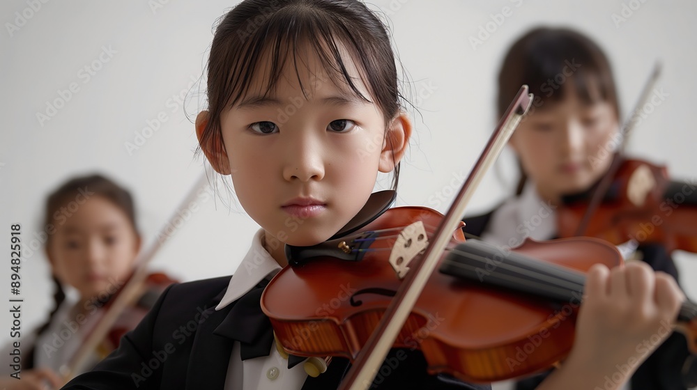 Young Asian girl playing violin in formal attire with classmates Young Asian girl playing violin in formal attire with classmates