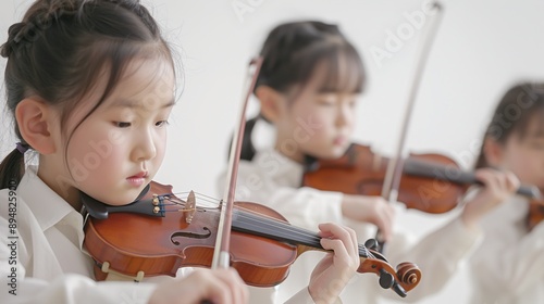 Group of young Asian girls playing violins in unison