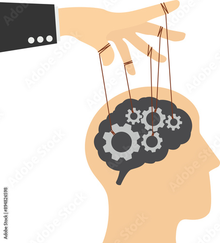Manipulation control master. Effort and time to make money. Manipulate man mind, mental control ropes. Flat vector illustration

