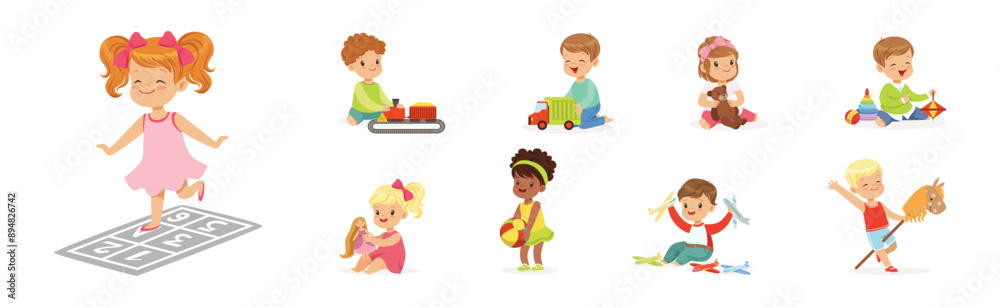 Playful Kid Character Enjoy Playtime Leisure Activity Vector Set Playful Kid Character Enjoy Playtime Leisure Activity Vector Set