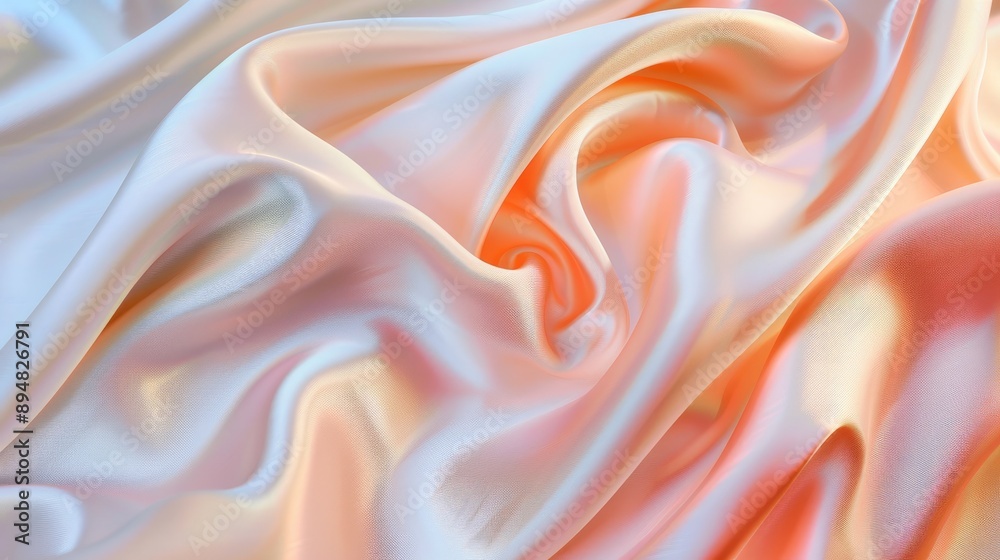 Light peach beige silk satin fabric with color gradient and elegant folds. Light peach beige silk satin fabric with color gradient and elegant folds.