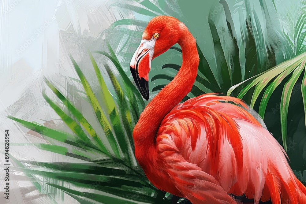 Fototapeta premium Flamingo with tropical leaves on background illustration