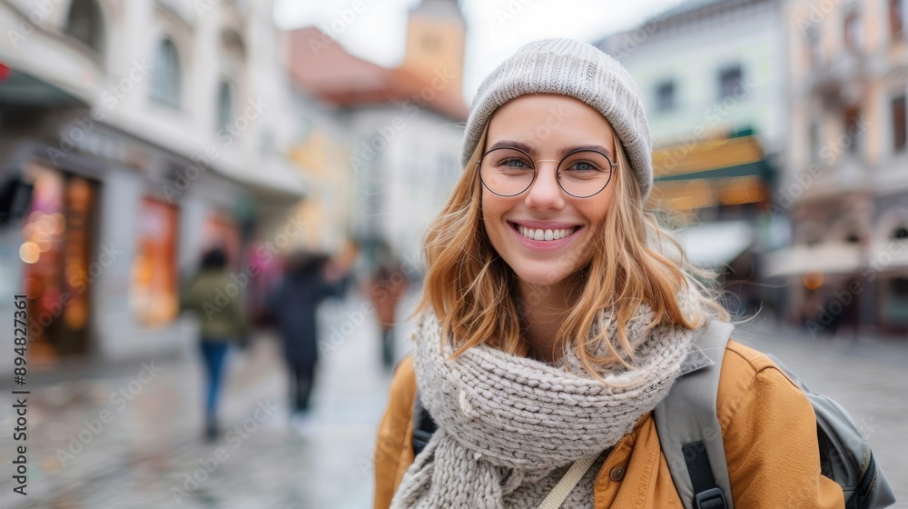A joyful woman, adorned with a cozy knit scarf, glasses, and a beanie, smiles brightly while wandering through an urban setting, capturing the essence of winter and city life.