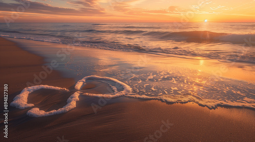 An artistic infinity symbol drawn in the sand on a serene beach at sunset, with waves gently approaching, symbolizing endless possibilities and the beauty of nature