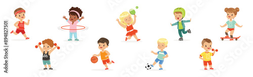 Playful Kid Character Enjoy Sport Game Leisure Activity Vector Set