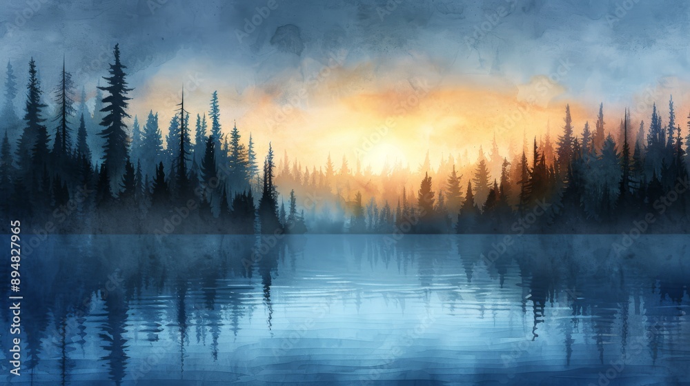 Obraz premium A serene lake at sunrise, surrounded by misty forest silhouettes, creating a tranquil and atmospheric landscape scene.