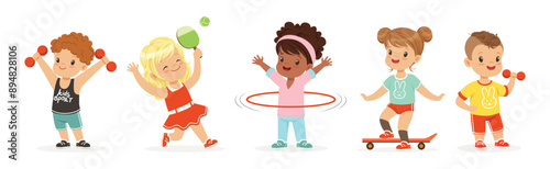 Playful Kid Character Enjoy Sport Game Leisure Activity Vector Set