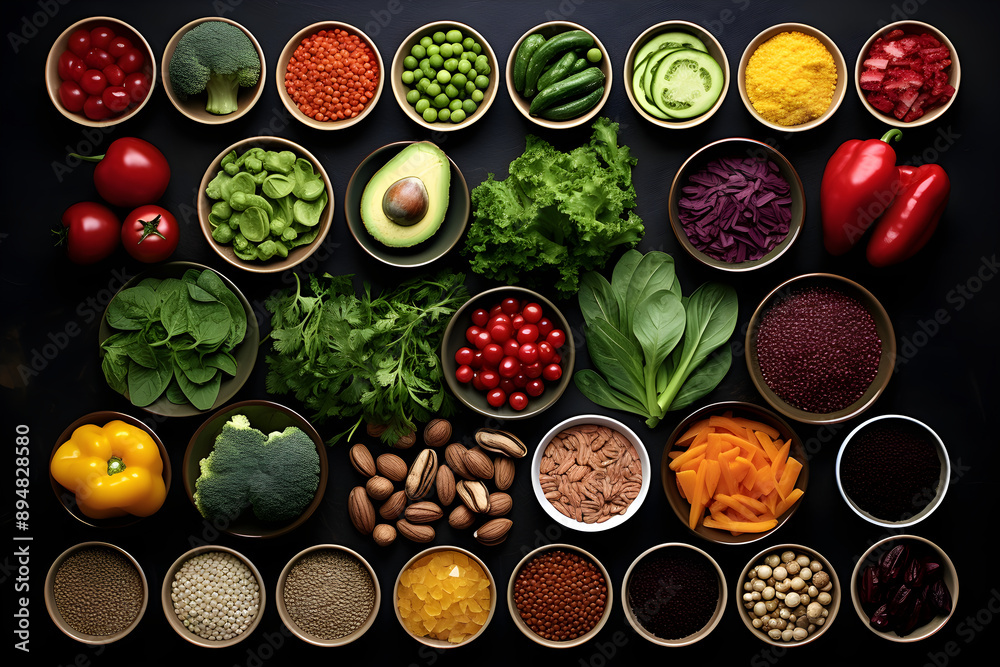 High Angle Shot of Mixed Fresh and Processed Food Ingredients in Artful Arrangement High Angle Shot of Mixed Fresh and Processed Food Ingredients in Artful Arrangement