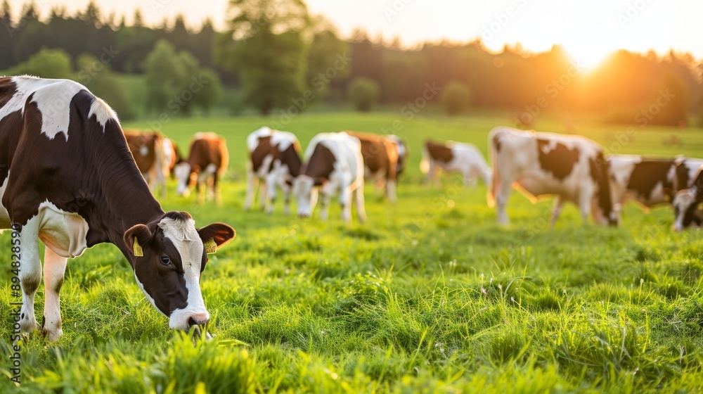 Obraz premium A serene landscape featuring cows grazing in a lush green meadow at sunset, showcasing the beauty of rural life.