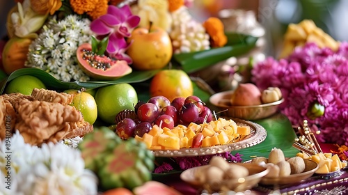 A close-up of Navaratri prasad items including fruits, sweets, and sacred offerings, arranged beautifully on a decorated altar. photo