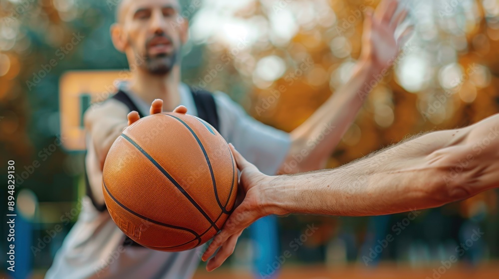 Fototapeta premium Two men intensely playing basketball outdoors, focusing on the ball as one player reaches to pass it, with a background of trees and an orange sunset sky.