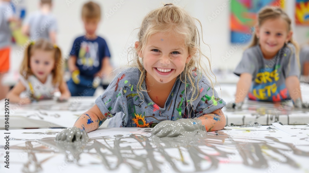 Fototapeta premium A young girl with blonde hair is smiling widely, covered in grey paint on her hands and wearing a colorful t-shirt, engaged in a fun and messy painting activity with other children in a classroom.