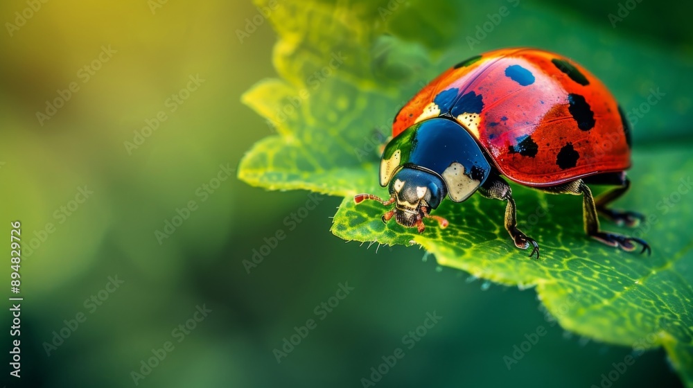 Naklejka premium Macro shot of a ladybug crawling on a green leaf, with vivid red and black spots.