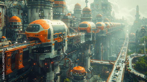 Futuristic cityscape with flying vehicles. photo