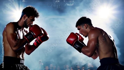A World Championship Boxing Match features two male boxers engaging in a fierce exchange of punches under bright lights with sweat flying and intense competition.