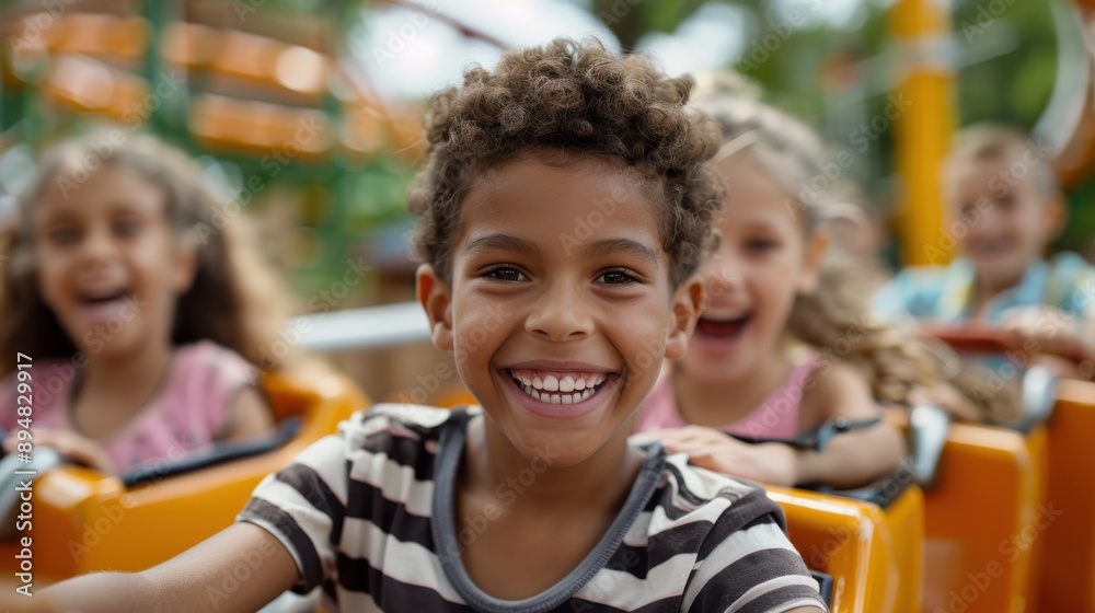 Smiling children having a great time on a roller coaster ride at an amusement park, with bright faces and joyful expressions, exhibiting pure delight and thrill. Smiling children having a great time on a roller coaster ride at an amusement park, with bright faces and joyful expressions, exhibiting pure delight and thrill.