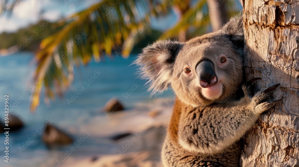 Obraz premium A cute koala is hugging a tree trunk on a beautiful tropical beach, with clear blue waters and lush greenery in the background, illustrating a serene and picturesque scene.