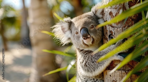 A charming koala clings to a tree trunk in a lush tropical forest, creating a serene and peaceful ambiance that highlights the natural beauty and tranquility of wildlife habitats. photo