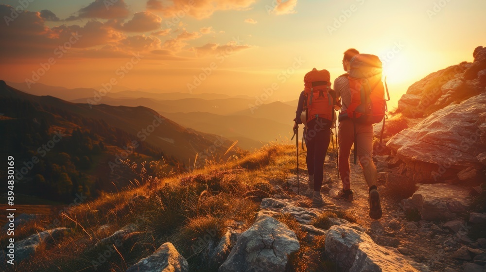 Obraz premium Couple Hiking Mountain Sunset