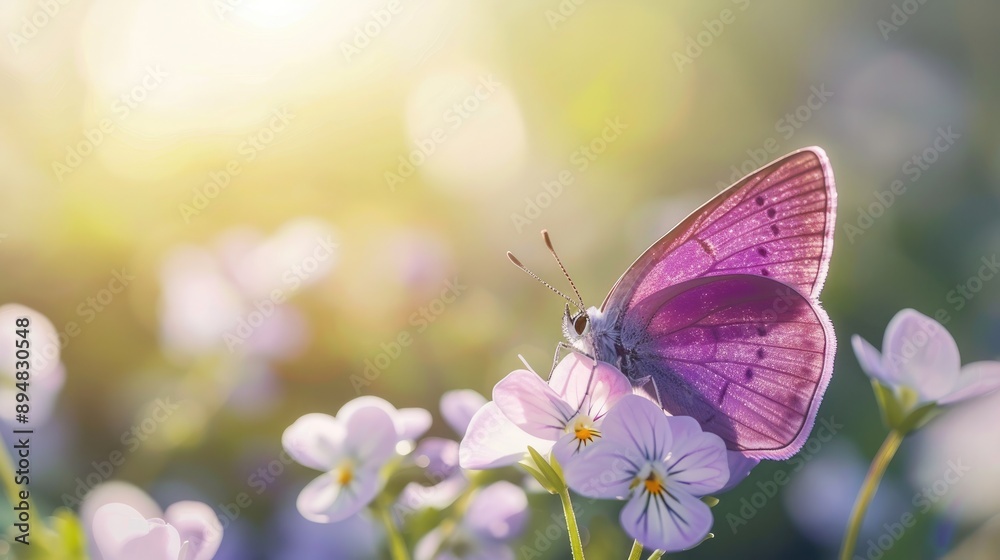 Macro of purple butterfly on wild white violets in spring sunlight. Macro of purple butterfly on wild white violets in spring sunlight.