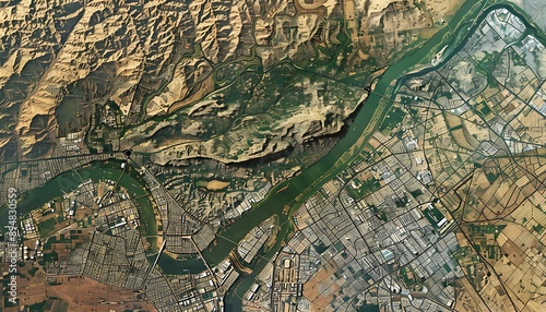 Aerial View of a City and a Winding River photo