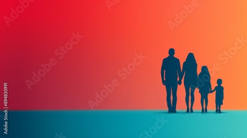 A silhouette of a loving family walking together, symbolizing unity, care, and togetherness against a vibrant background.