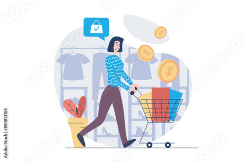 Shopping concept in modern flat design for web. Woman with supermarket cart doing bargain purchases at boutique showrooms and clothes stores, buying products with best prices. Vector illustration.
