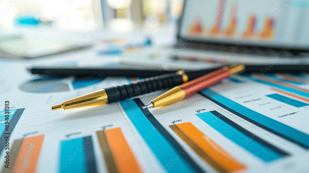 Business Graphs and Charts: Displayed on a table, illustrating financial development, banking accounts, and statistics. Business Graphs and Charts: Displayed on a table, illustrating financial development, banking accounts, and statistics.