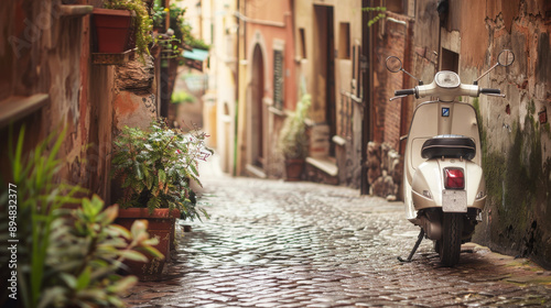 Tipico scooter Vespa nello storico vicolo italiano photo