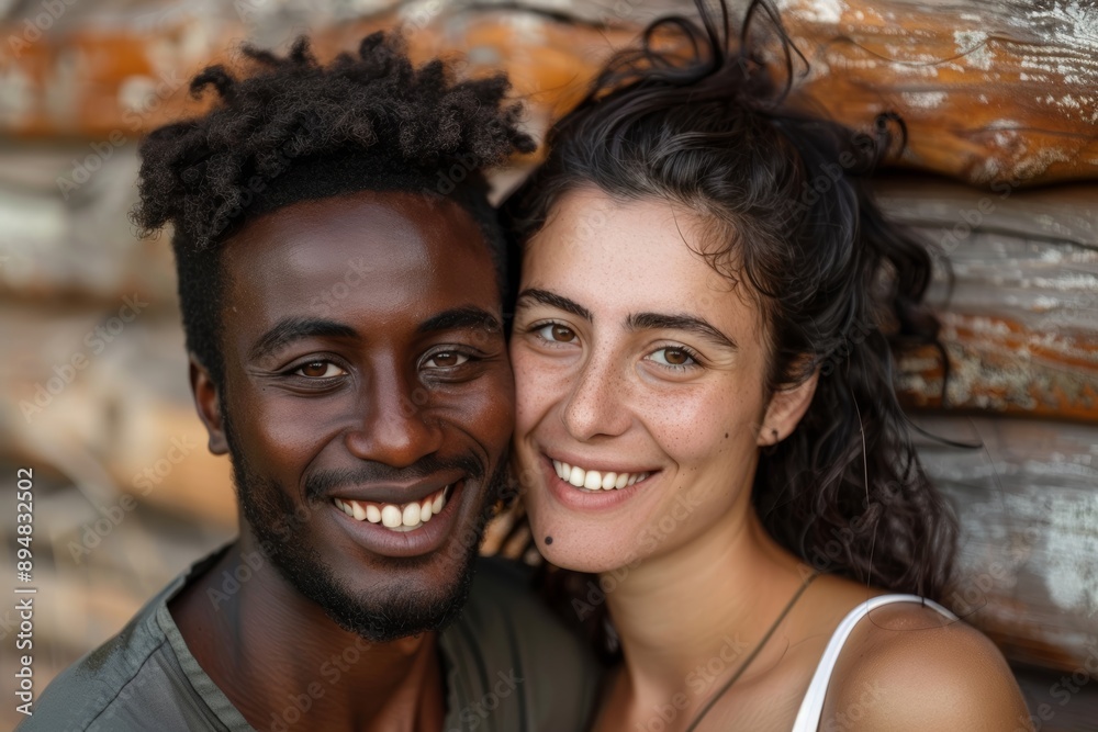 Portrait of a grinning multiethnic couple in their 20s smiling at the camera Portrait of a grinning multiethnic couple in their 20s smiling at the camera