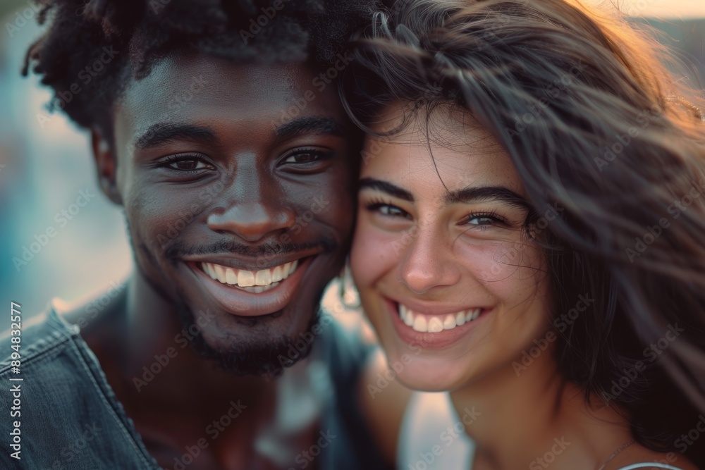 Portrait of a grinning multiethnic couple in their 20s smiling at the camera Portrait of a grinning multiethnic couple in their 20s smiling at the camera