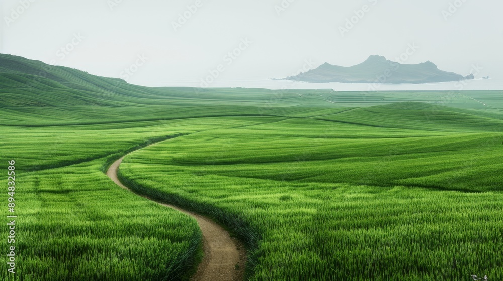 Obraz premium A tranquil landscape featuring lush green fields and a winding path leading to a serene island in the distance.