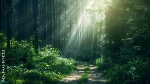 A tranquil forest scene with sunlight streaming through trees, illuminating a serene pathway surrounded by lush greenery.