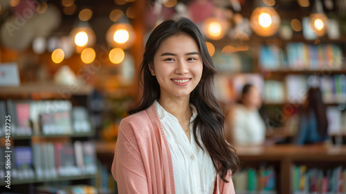 Confident high school student standing in a busy library.Generative AI