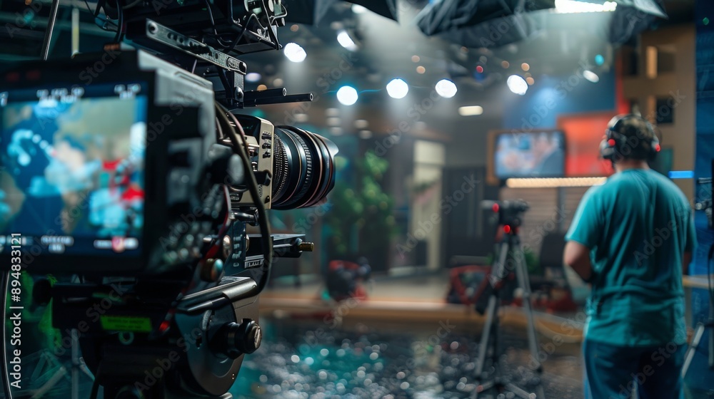 © Prostock-studio - A professional camera captures a man standing in a television studio with bright lights and a monitor in the background.