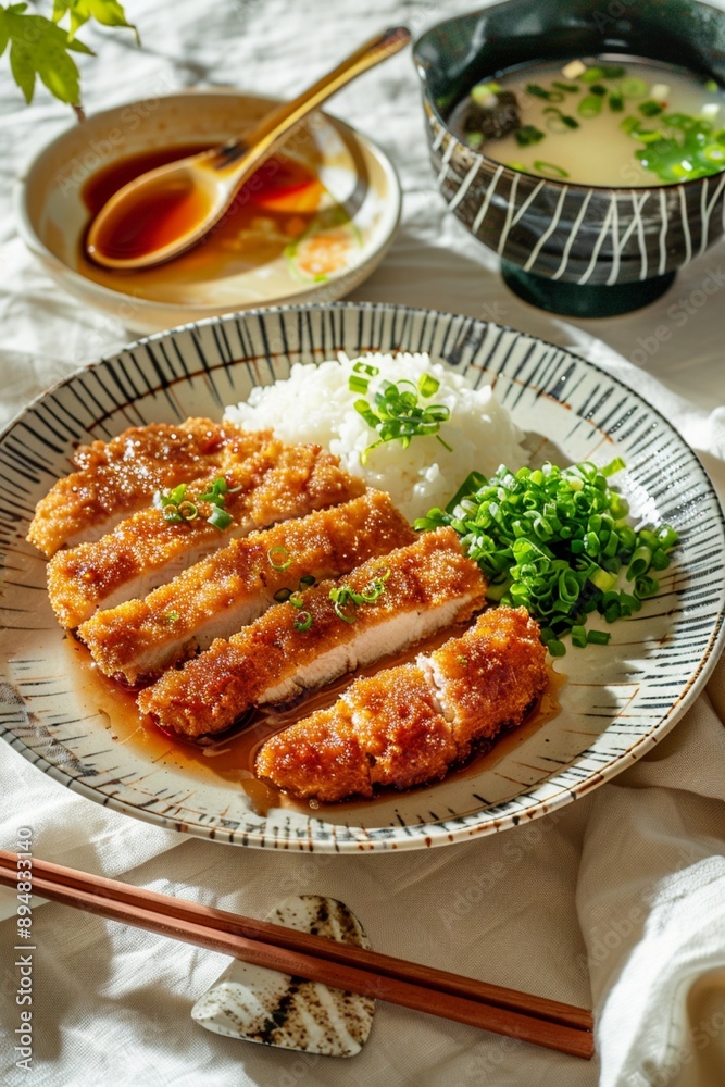 テーブルの上のとんかつ定食とコピースペース