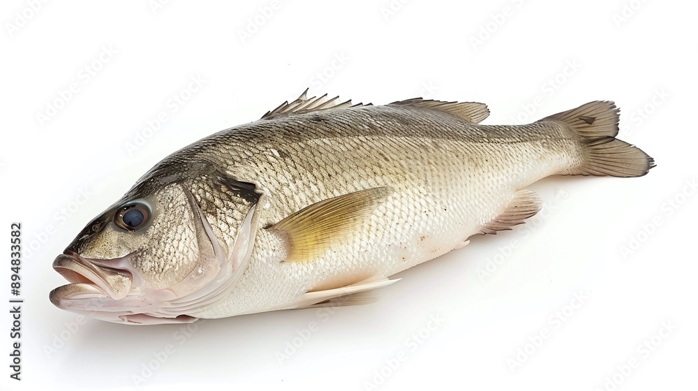 Obraz premium One raw fresh sea bass isolated on white background. AI generated image