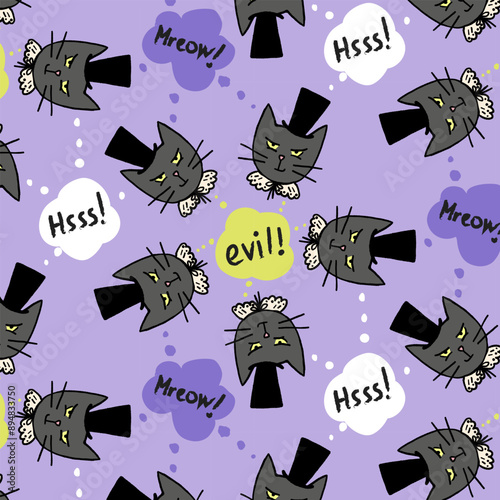 Cartoon halloween seamless background of cat heads in top hats and ruffs with speech bubbles on orange background. Fun conversational comics drawing.