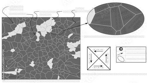 Line drawing showing a sketch of magnetic domains in carbon steel microstructure with grain boundaries, pearlite, and ferrite crystals