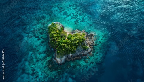 An aerial view of a heartshaped island surrounded by a sea of holidaycolored coral reefs