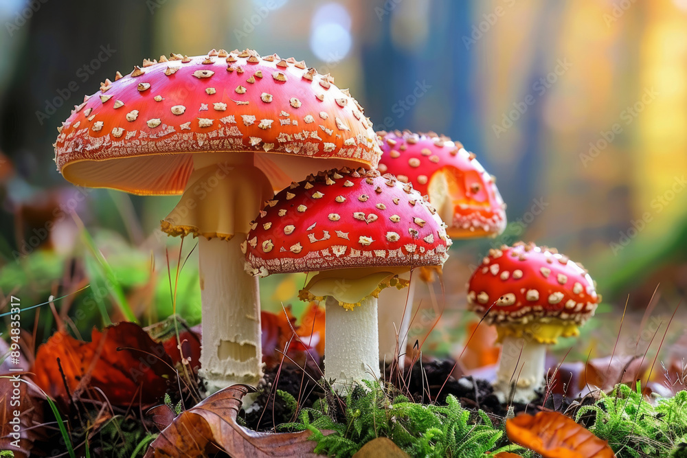 Fototapeta premium Shot of fly agarics in the forest glowing in soft sun light