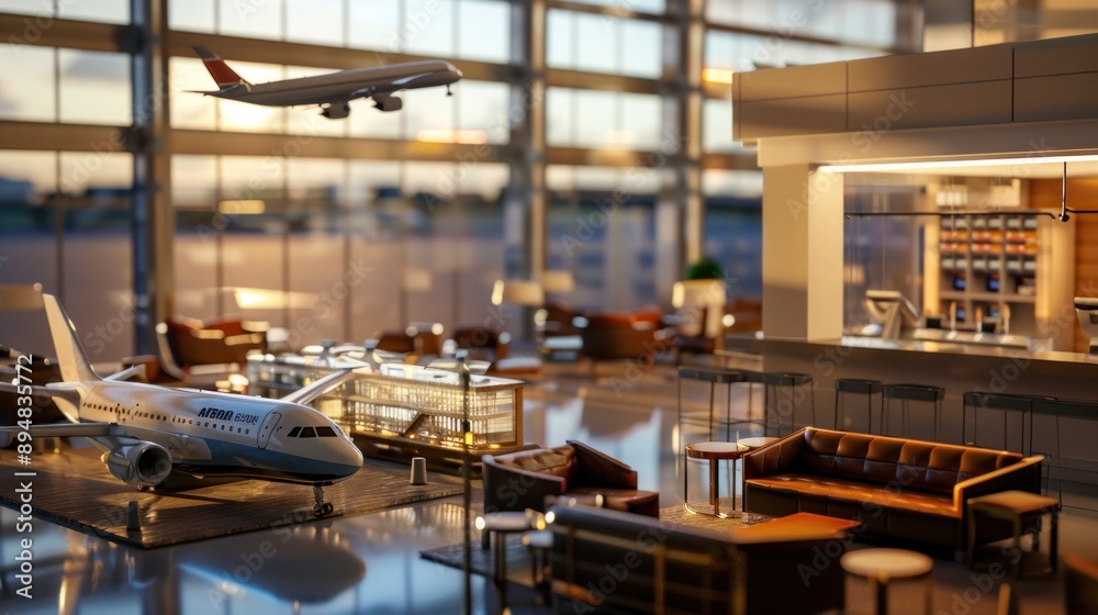 Generate a photo realistic image of a maquette illustrating an airport terminal with gates, lounges, and passenger amenities; ensure the image is of high resolution for clear and detailed quality. Generate a photo realistic image of a maquette illustrating an airport terminal with gates, lounges, and passenger amenities; ensure the image is of high resolution for clear and detailed quality.